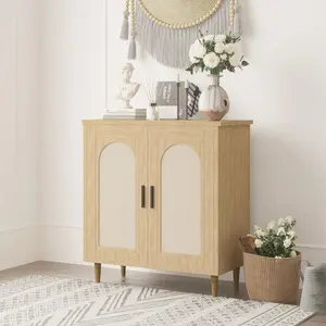Compact rattan buffet side cabinet, single-door storage console with adjustable shelves and wooden feet, space-saving organizer for entryway, kitchen, hallway