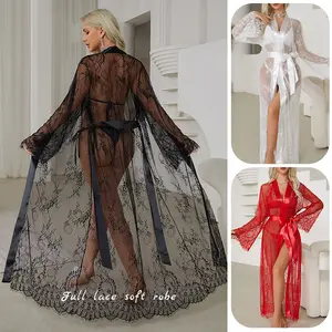 Sheer Floral Lace Long Robe for Women, Flared Sleeve Loungewear with Matching Satin Belt, Soft Breathable Sleepwear for Home & Special Occasions