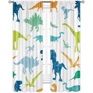 Kids Dinosaur Curtains 29W x 63L Inch Rod Pocket Cartoon Dino Baby Boy Bedroom Decor Cute Funny Safari Animal Children Toddler Printed Living Room Window Drapes Treatment Fabric 2 Panels Set
