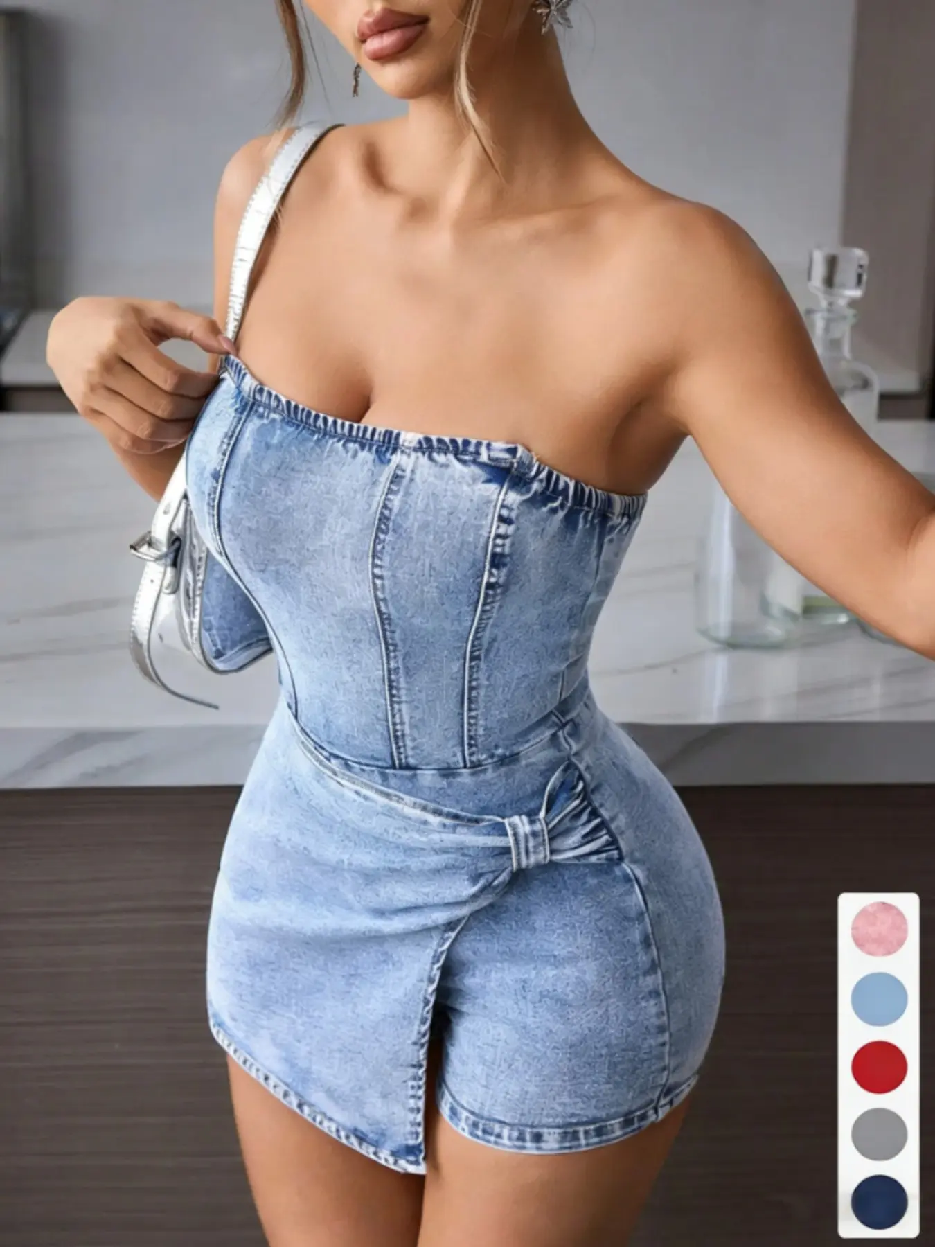 ✨ Women's Tube Top Denim Light Wash Short Dress | Twisted Front Strapless Sleeveless Design, Summer Hot Girl Essential