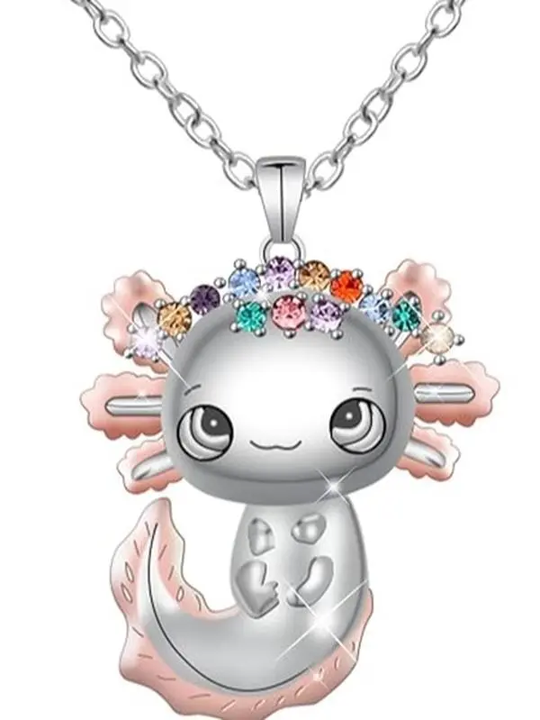Halloween Fall Gift Axolotl Necklace, Alloy Axolotl Crystal Necklace Cute Salamander Necklace Trendy Pendant Necklace Jewelry Gift for Boys Girls Birthday