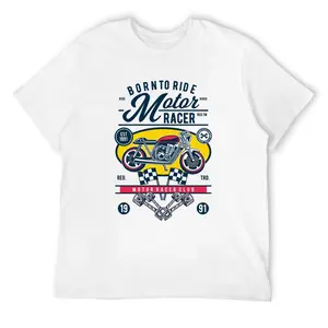 Menswear Vintage "Born To Ride" Motorcycle Heavyweight T-Shirt - 180gsm Premium Elastic Breathable Customized Cotton Fabric, Short Sleeve Retro Racer Club Graphic, Casual Crewneck Top for Men, White/Frisco Orange, Big Deborah World Tee