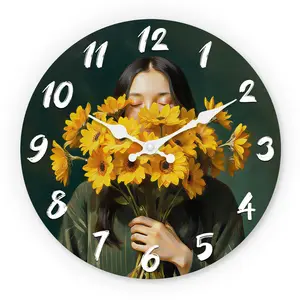 Sunflower Illustration Wooden Wall Clock, Silent 10-14 Inch Battery Operated, Ideal for Living Room Bedroom Study, Mother's Day Easter April Fools'