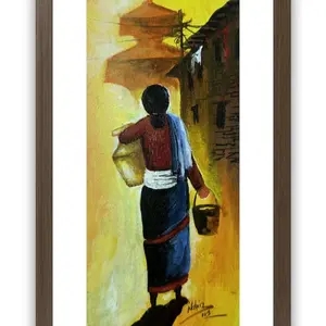Traditional Nepali Hand-Painted Canvas | Village Woman Artwork | Cultural Wall Art Home Décor