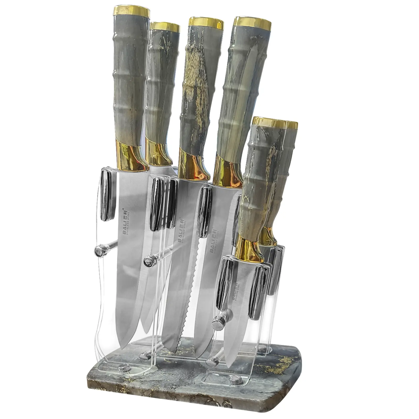7PCS High Carbon Stainless Steel Kitchen Knife Set - Ergonomic Handles, Acrylic Stand, Sharp Blade, Slicer, Knife Sharpener, Dishwasher Safe, Knives