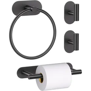 Self Adhesive Matte Black Toilet Paper Holder Towel Holder for Bathroom Wall, No Drilling Bathroom Hardware Set, SUS304 Stainless Steel Black Towel Ring Hand Towel Holder for Bathroom, Kitchen