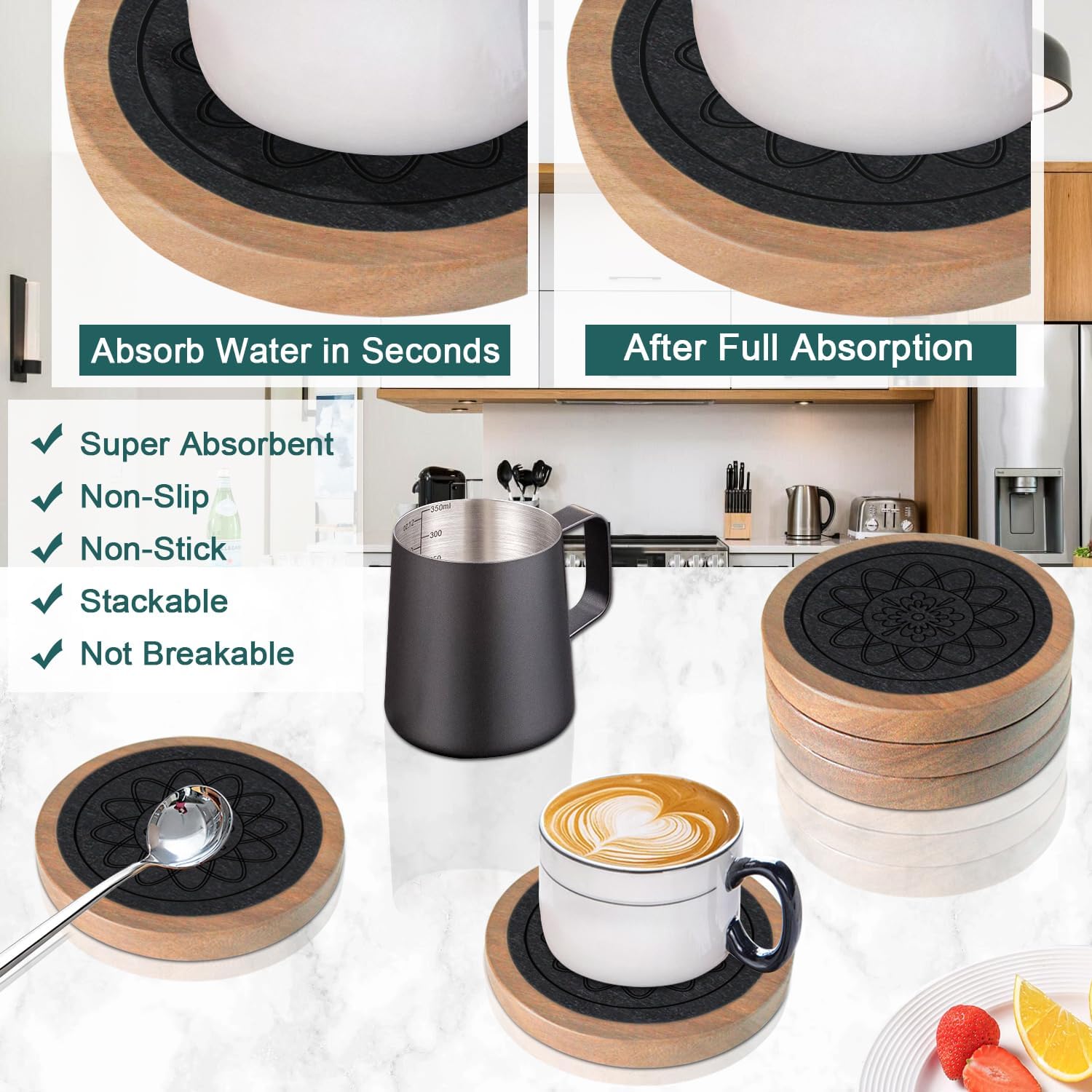 Wood Coasters for Drinks, Absorbent Coaster Sets of 5, Drinks Coasters for Coffee Tabletop Protection, Non-Slip, Non-Stick, Suitable for Kinds of Cups Wooden Table Drink, 4.3 Inches Black Wood Coasters for Drinks, Absorbent Coaster Sets of 5, Drinks Coasters for Coffee Tabletop Protection, Non-Slip, Non-Stick, Suitable for Kinds of Cups Wooden Table Drink, 4.3 Inches Black