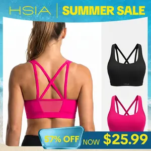 HSIA Aura Women Wirefree Lightly Padded Medium Support Cooling Mesh Sports Bra Activewear Quick Dry Breathable Racerback & Criss Cross & Double Strappy Back Workout Tank Bra Yoga Running Fitness Chic Splicing Everyday Sports Bra