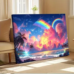 Rainbow and Palm Tree Framed Painting under the Starry Sky 1 Piece of Creative Canvas Wall Art Modern Home Living Room Bedroom Study Room Decoration