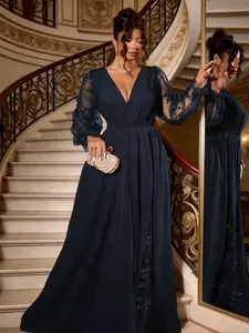 Elegant Plus Size Deep V Neck Lace Patchwork Long Dress, Womenswear, High Slit, Casual Fitted, All Seasons, Perfect for Graduation, Holidays, Parties, Elegance
