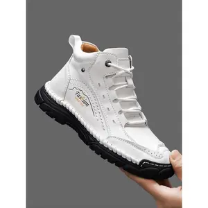 Men's Handmade Mid-Calf Casual Shoes, Fashion Letter Print High-Top Sneakers, Spring & Fall Outdoor Hiking Boots, Multiple Colors Available