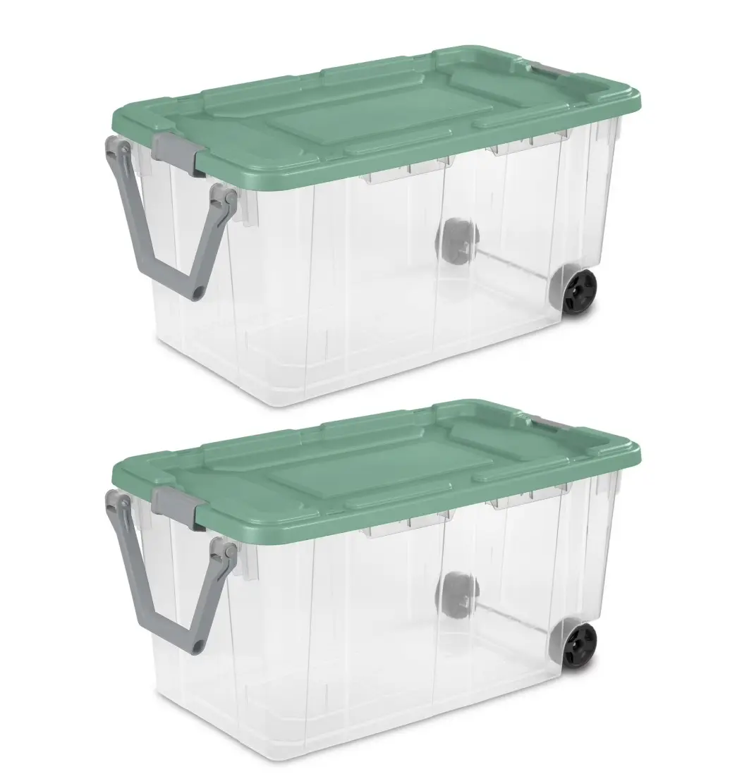 Extra Large Wheeled Storage Bin, 160 Quart Durable Clear Storage Container with Latch Lid and Pull Handle, Light Green, 2 Pack