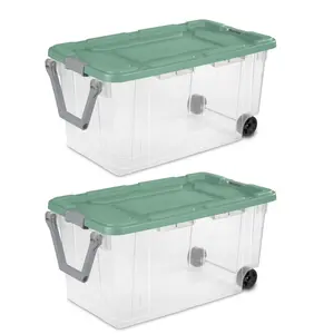 Extra Large Wheeled Storage Bin, 160 Quart Durable Clear Storage Container with Latch Lid and Pull Handle, Light Green, 2 Pack
