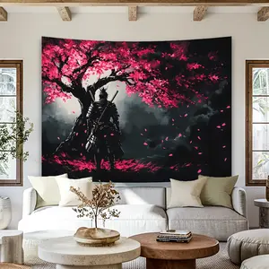 1 Japanese Cherry Blossom & Samurai Tapestry - Elegant Polyester Wall Art for Living Room, Bedroom, Office, Party Decor - No Power Needed, Feather-Free - Perfect Creative Gift, Room Decor Tapestry |   Dramatic Wall Art |   Polyester Tapestry, Japanese Hom