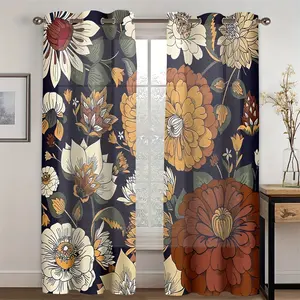 2D Flat 1Set/2pcs Boho Vintage Floral Curtains, 100% Polyester - Protection Colorful Flowers Bohemian Digital Printed Perforated Curtain Decor For Bedroom Living Room Window Drapes.Decorative Unlined Panels