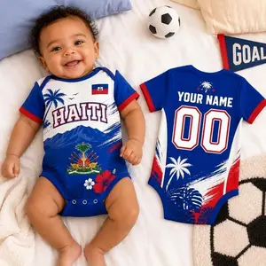 Personalized Haiti Baby Soccer Bodysuit, Custom Name Number Infant Football Jersey, Haiti Fan Baby Outfit, Haiti Jersey Romper Gift 0WS GRR