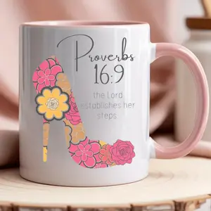 Christian Bible Verse Coffee Mug, Proverbs 16:9 Floral High Heel Ceramic Cup, Inspirational Religious Gift for Women & Bible Study Friends