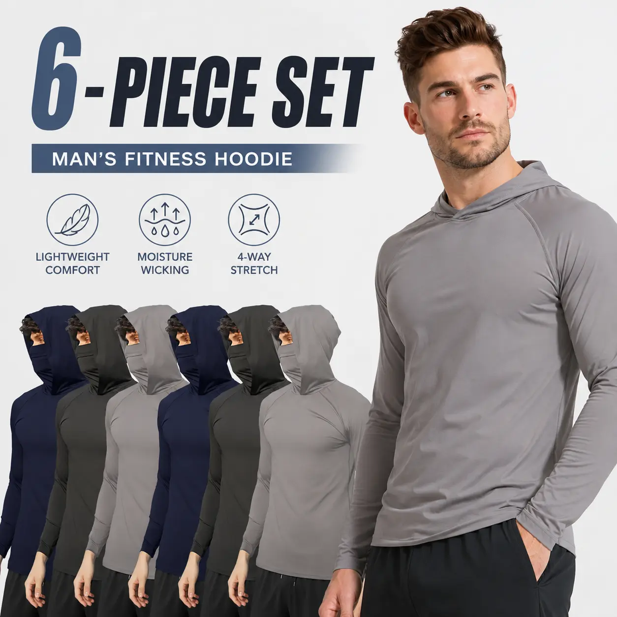 6-Piece Men's Casual Hoodie Pullovers Blue Black Light Gray Slim Fit Long Sleeve Lightweight UPF Sun Protection Soft Breathable Timeless Classic Versatile Machine Washable Comfort Multi-Occasion Wear Menswear Set Stylish Tops