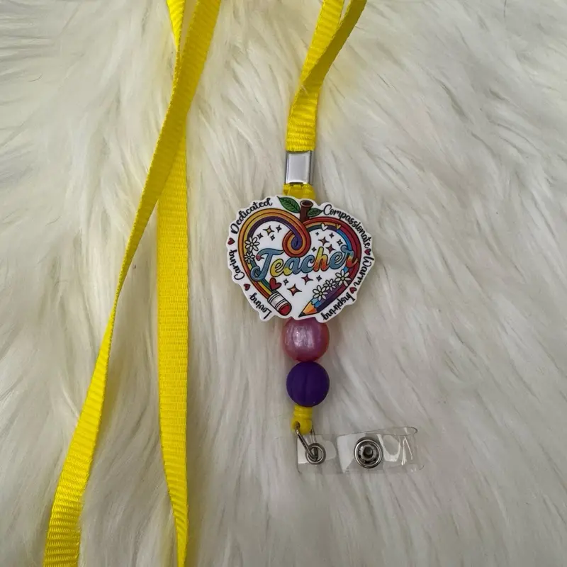 Teacher Badge Reel Lanyard for Emergency Department - Organized Storage & Compliance Solution - Yellow Lanyard with Beads