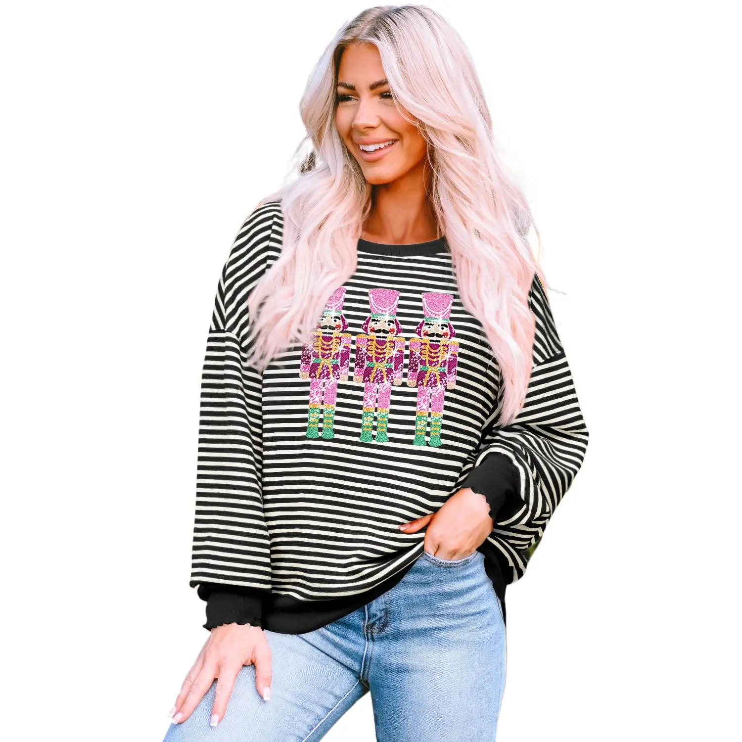 Women's Casual Striped Graphic Top with Sequined Nutcracker, Comfortable Long Sleeve Shirt for Everyday Holiday Wear, Longsleeves, Chic