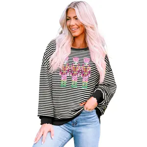 Women's Black Stripe Sequined Nutcracker Doll Long Sleeve Graphic Top