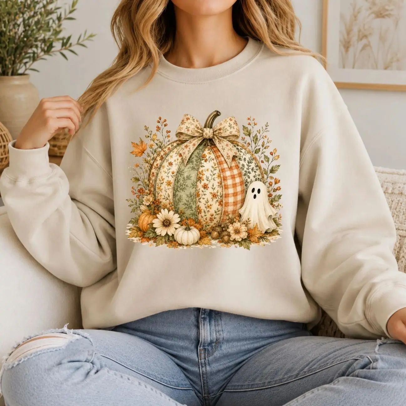 Printed Patchwork Pumpkin Ghost Sweatshirt, Coquette Halloween Floral Pumpkin T-Shirt, Cute Spooky Season Crewneck Sweater, Aesthetic Fall Autumn Graphic Shirt, Spooky Teacher Classroom Apparel, Cute Spooky Halloween Gift for Women & Men