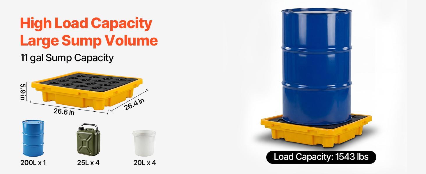 VEVOR Spill Containment Pallet, 1 Drum Low Profile Spill Containment Modular Platform, 11.4 Gallon Sump, 1543 lbs Load Capacity, Heavy-Duty Polyethylene Tray with Drain, 26.4" x 26.6" x 5.9", Yellow#BackToSchool