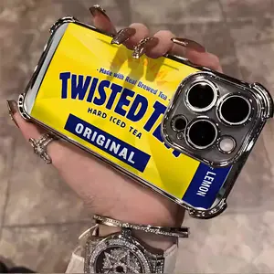 Twist Tea Yellow cool pattern Aesthetic Electroplated TPU Casing For iphone 16 15 14 13 12 11 X XS PRO PLUS MAX Four Corners Anti-Fall Transparent Casual style Soft Silicone Phone Cases Shell Tough Phone Cover Protector