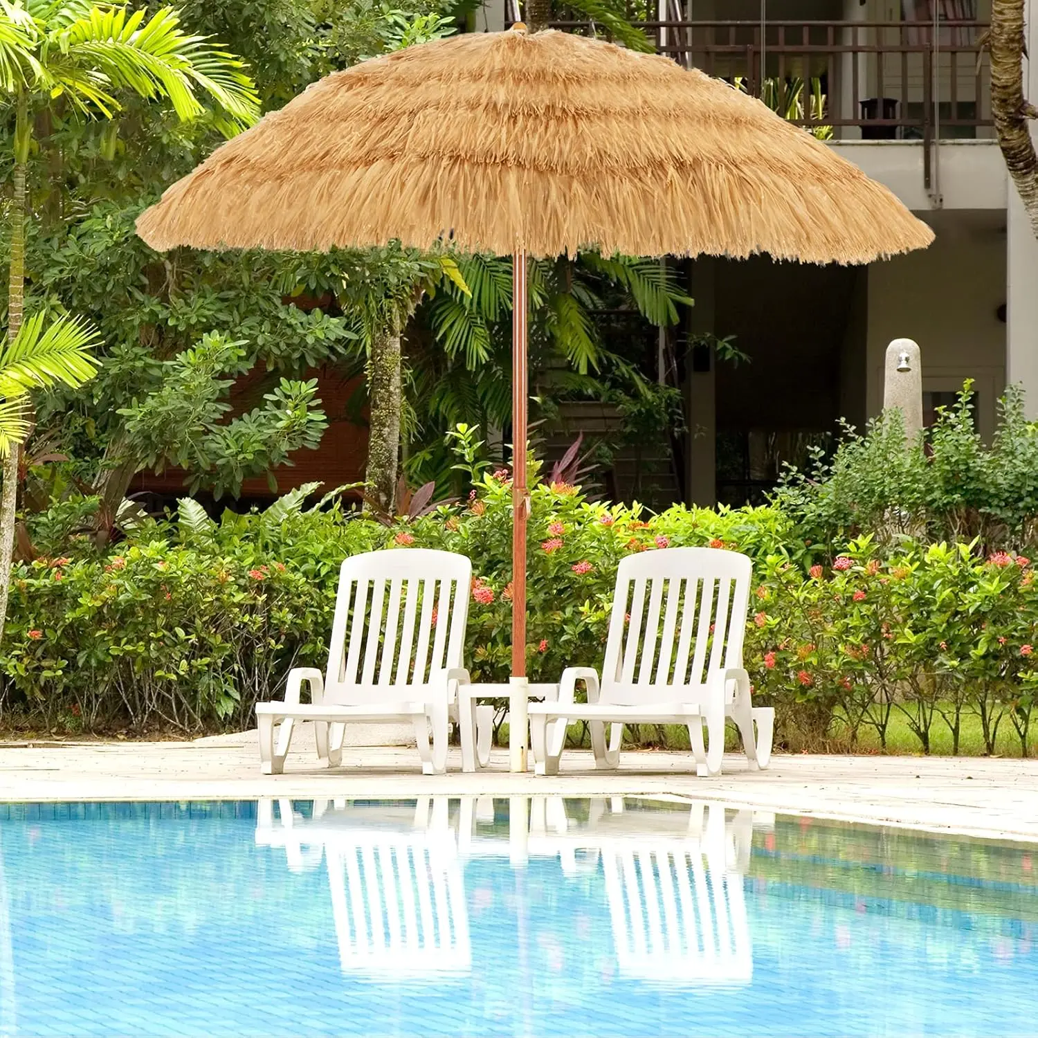 6.5Ft Tiki Patio Umbrella Thatched, Hawaiian Style PE Grass Beach Umbrella with 30° Tilt, 8 Ribs, Portable Outdoor Umbrella for Poolside Garden Backyard Tiki Bar