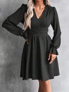 Swiss Dot Ruched Waist Flounce Sleeve Dress Ladies Boho Ruched Ruffle Long Sleeve V Neck Regular Fit Short Red Flounce Sleeve Plain A Line Women Short Dresses Spring Fall Casual Daily Wear For New Year Clothes - Fabric