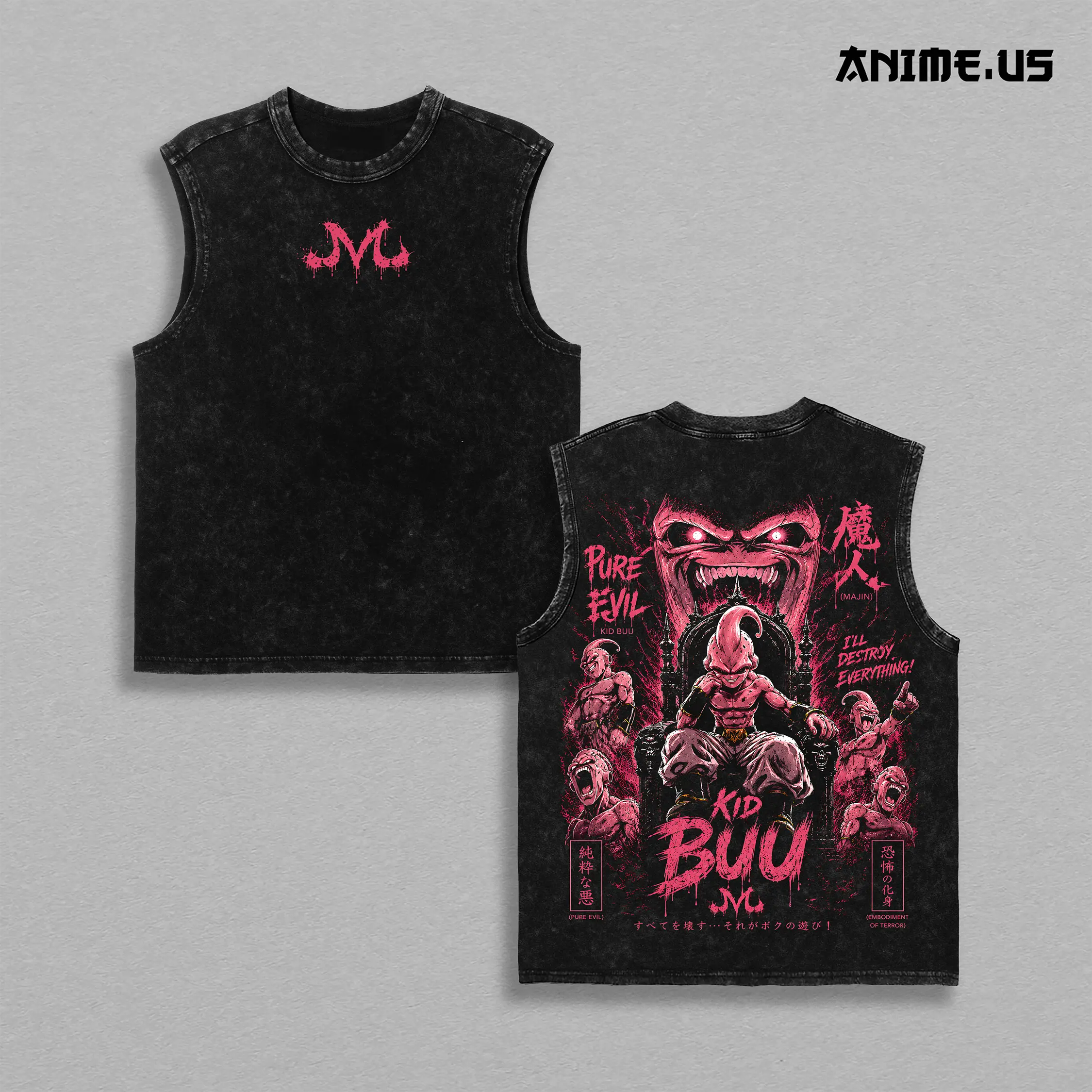 Majin Kid Buu DBZ Anime Vintage Washed Tank Top Sleeveless Gym Shirt Pink Pure Evil Graphic Heavy Cotton Muscle Tee Fitness Streetwear