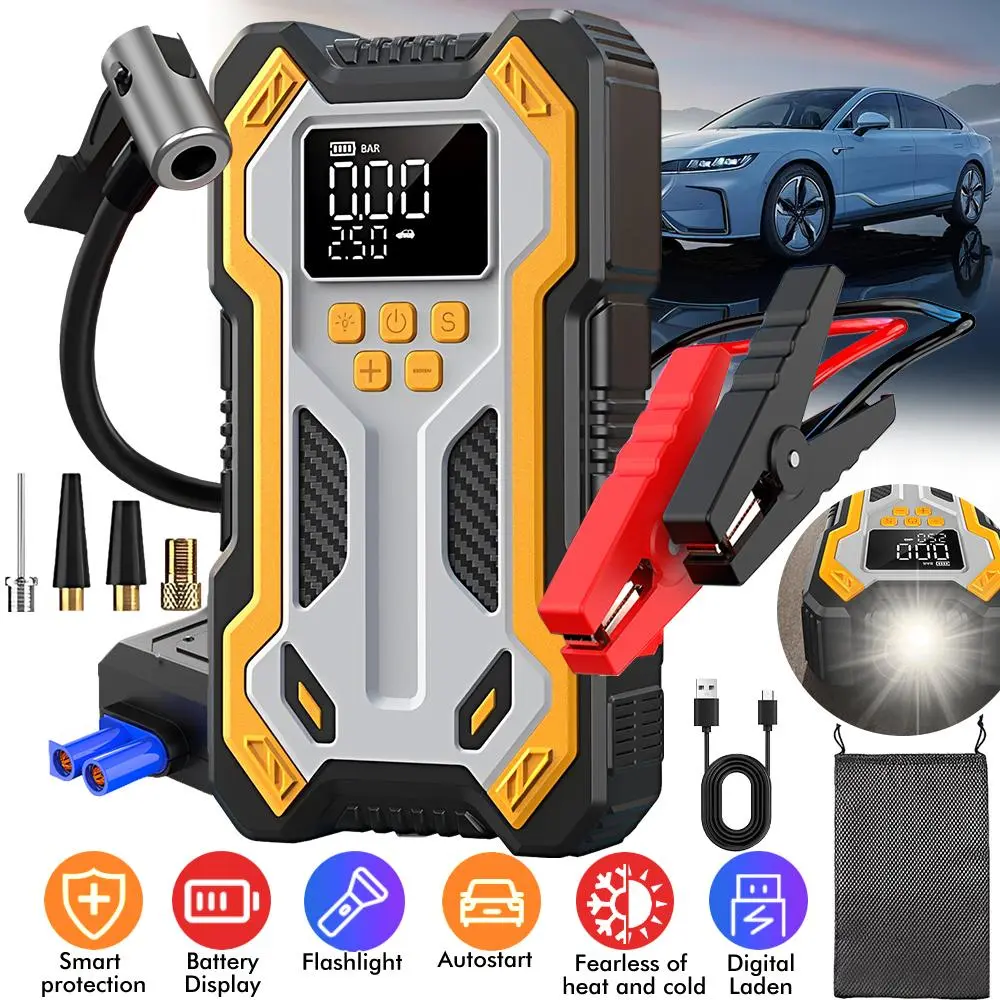 【BackToSchool】Car Battery Jump Starter with Air Compressor 150PSI Charger, Jump Starter Jump Box (All Gas 12L Diesel, bikes, balls, etc.), Car Battery Jumper Starter Portable Jumper Cables, Lights