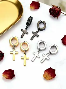 Fashion Hip Hop Cross Earrings Stainless Steel Ear Clips, Multiple Colors Available, Perfect for Daily Use or Parties, Great Gift Idea