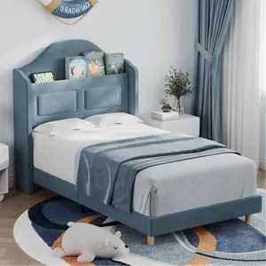 Blue Twin Bed Frame for Kids, Upholstered Velvet Princess Platform Bed for Boys/Girls with Wingback, Bookcase Headboard & LED Lights, No Box Spring Needed, Noise-Free, Easy Assembly