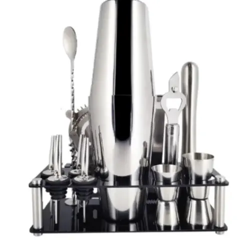 13-Piece Vintage Stainless Steel Cocktail Bar Set - Professional Portable Mixologist Kit with 1x Boston Shaker, Muddler, Jigger, 4x Speed Spouts, Ice Tongs, Bar Spoon, Bottle Opener & Utensils, Ideal Holiday Gift for Enthusiasts