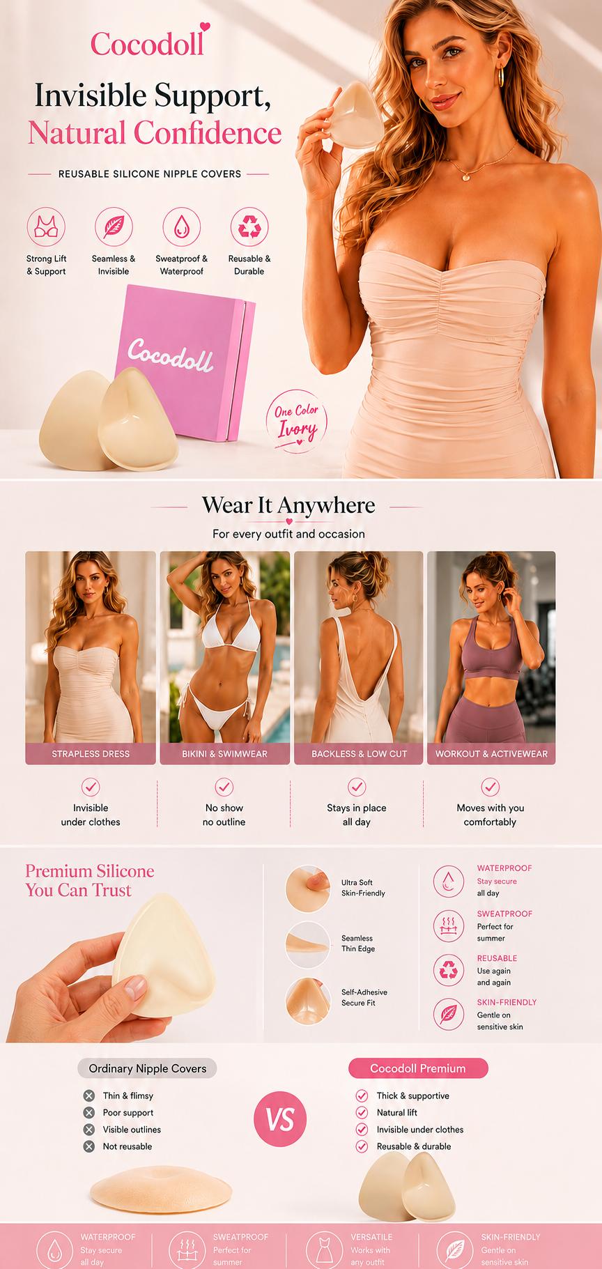 Cocodoll Women's Sticky Push-Up Inserts - Double-Sided Adhesive Bra Cups, 2-Cup Size Boost, Reusable, Sweat & Water Resistant, Portable Bra Accessories for Womenswear, Sticky Inserts