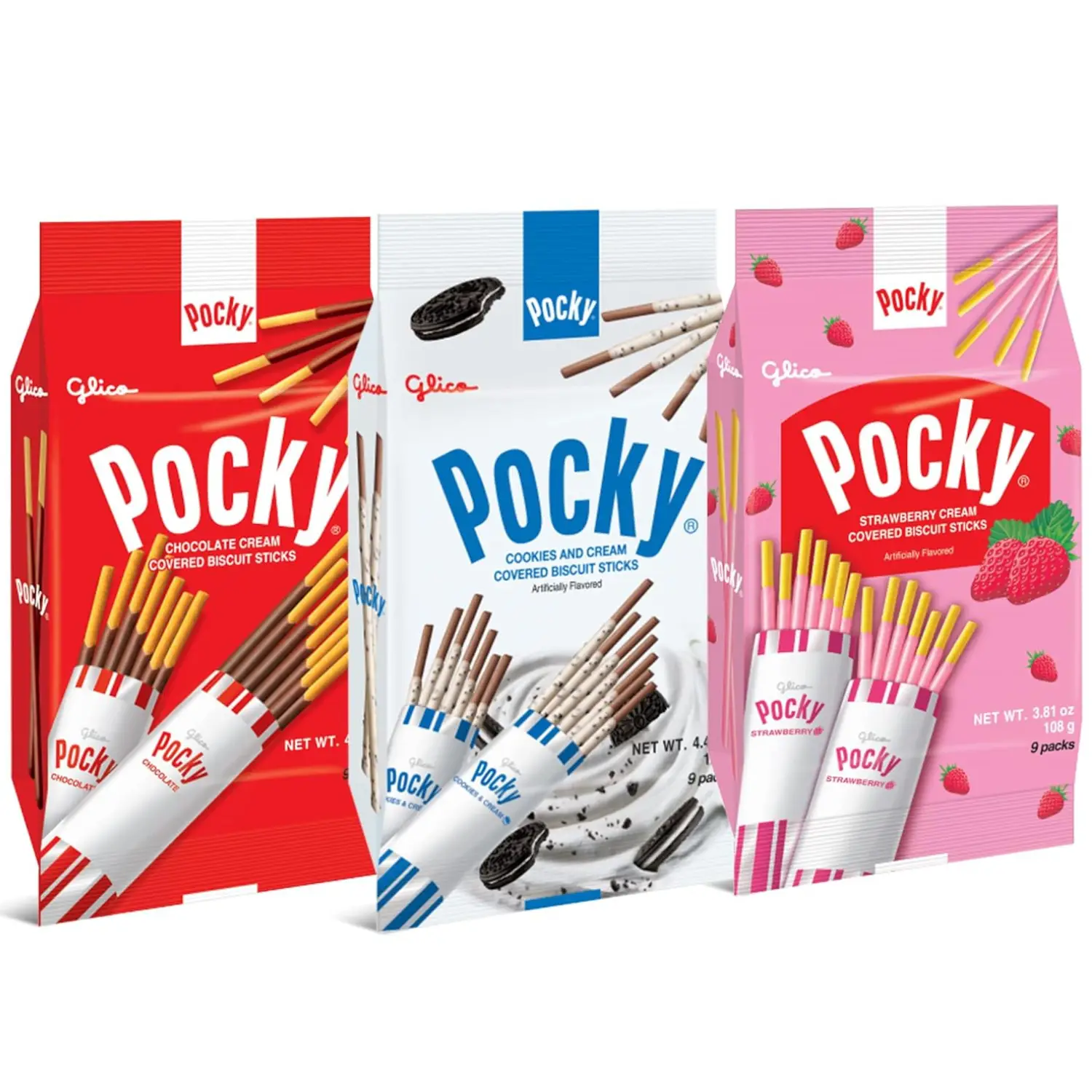 Glico Pocky Variety Pack 3 Flavors 9P Japanese Snacks Variety Pack of 3 - Poky Stix Strawberry, Chocolate, Cookies Candy Sticks