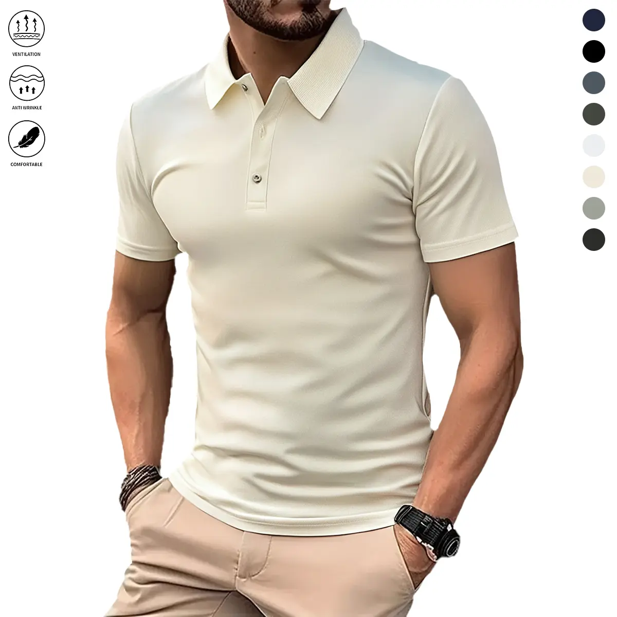 Men's Classic Fitted Short-Sleeve Minimalist Athletic Polo Shirt - Medium-Length Lapel Top, Breathable, Pilling-Resistant, Machine-Washable for Golf