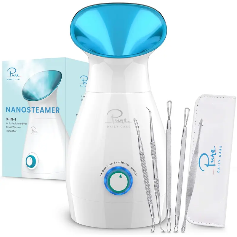 NanoSteamer 3-in-1 Ionic Facial Steamer with Bonus 5-Piece Skin Kit Blackheads Remover Stainless Steel Blemish Comfort for All Skin Types by Pure Daily Care