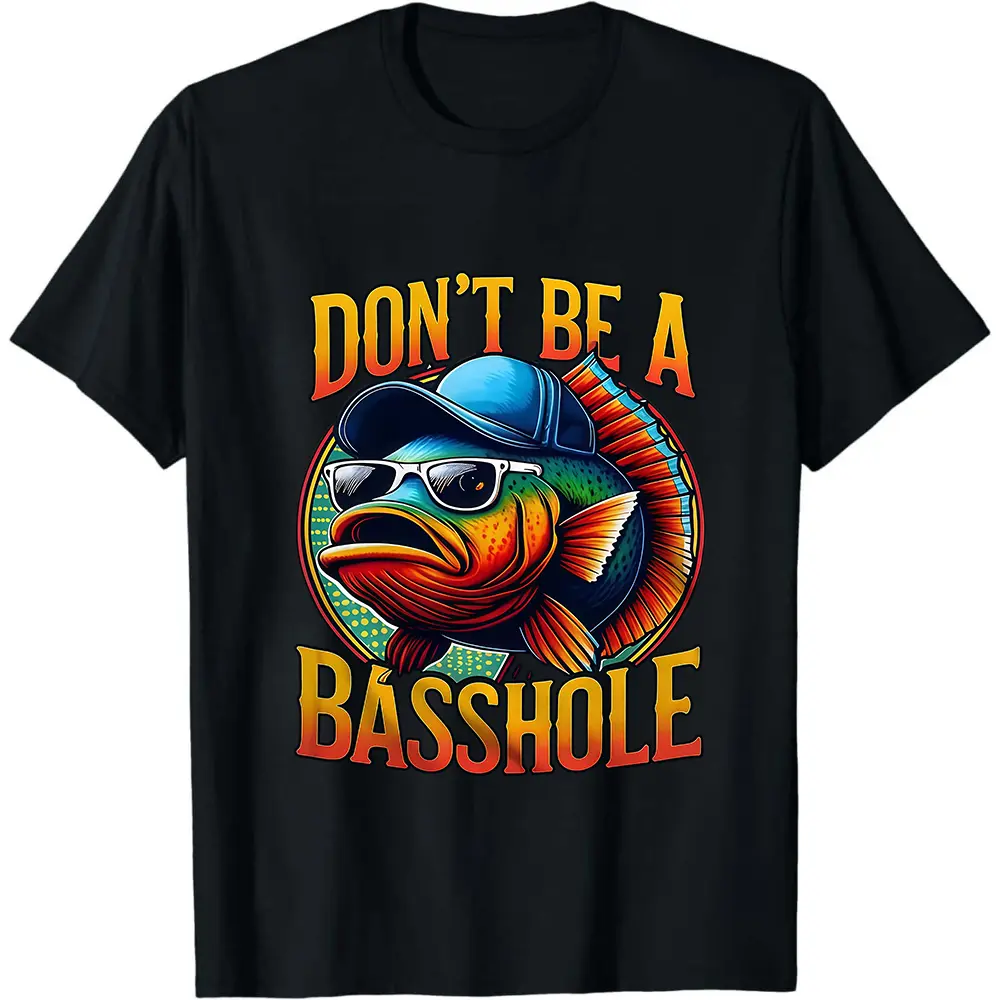Funny Bass Fish Graphic Men'S T-Shirt | Don't Be a BASSHOLE | Cool Design, Street Trending Style, Comfortable Round Neck, All-Season Casual Wear for Sport Fans | Ideal for Gym & Outdoor Activities