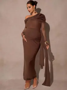 LAFERLIN Maternity Solid Color Oblique Shoulder Long Sleeve Mesh Patchwork Sheer Fitted Fashionable Dress Brown Maternity Dress Chocolate Brown Dress Brown Dress Pregnancy Photoshoot Dress Maternity Dress