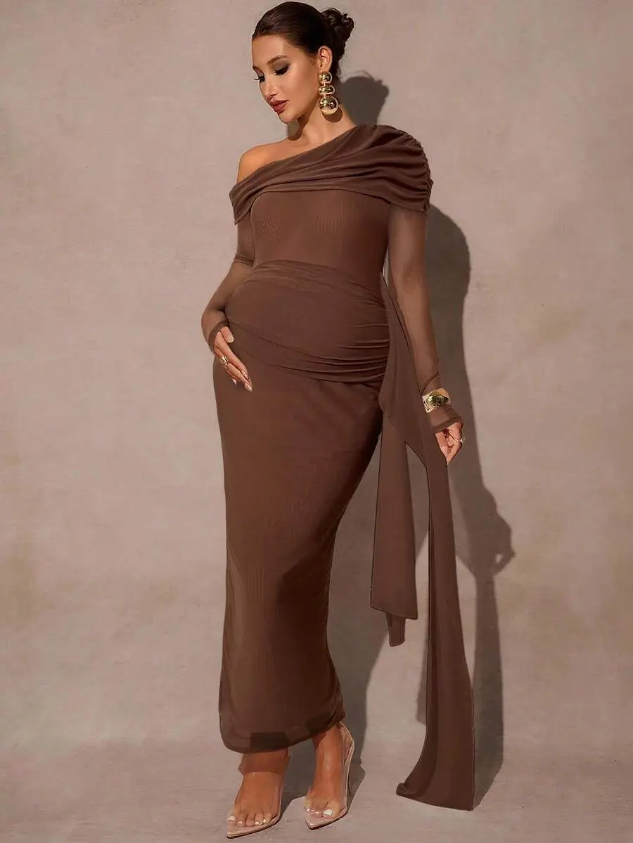 LAFERLIN Maternity Solid Color Oblique Shoulder Long Sleeve Mesh Patchwork Sheer Fitted Fashionable Dress Brown Maternity Dress Chocolate Brown Dress Brown Dress Pregnancy Photoshoot Dress Maternity Dress