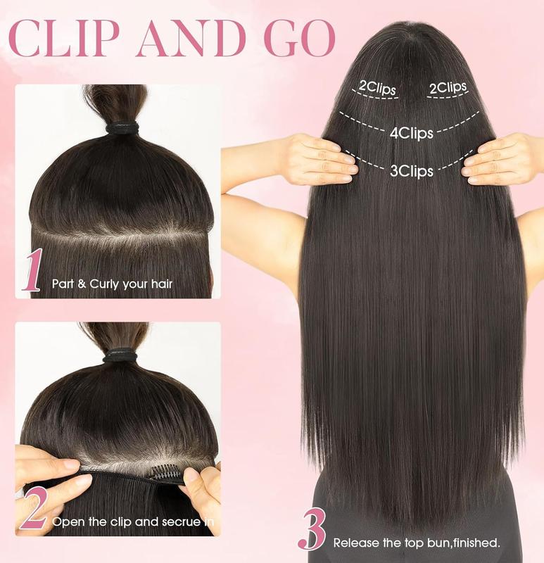 Clip in Hair Extensions 24 Inch 6PCS Natural Fluffy Invisible Seamless Straight Hair Extension High-temperature Synthetic Fiber Double Weft for Daily Use Busy Lifestyle Comfortable Fashionable resistant Thick Hair piece Clip Set