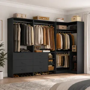 Black Corner Closet System Set with Wooden Drawers ＆ Hanging Rods, Freestanding Modular Walk-in Closet Organizer System Wardrobe Armoire with Shelves