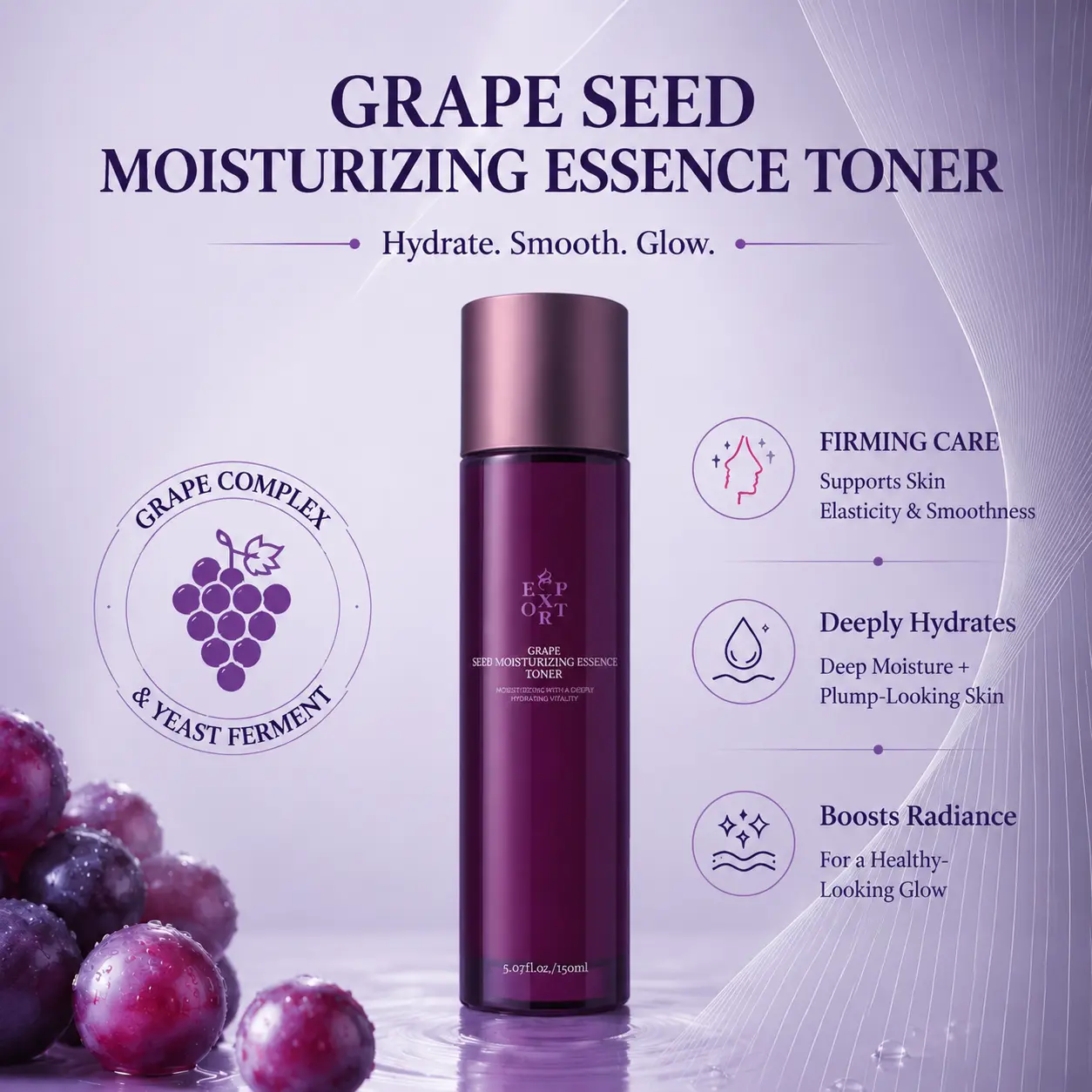 DC EXPORT Grape Seed Moisturizing Essence Toner – Antioxidant Hydrating Anti-Aging Face Toner with Grape Complex+Yeast Ferment, Deep Moisture, Brightens Dullness, Firms Skin & Smooths Fine Lines, Alcohol-Free Clean Formula for Dry & Sensitive Skin (150ml)