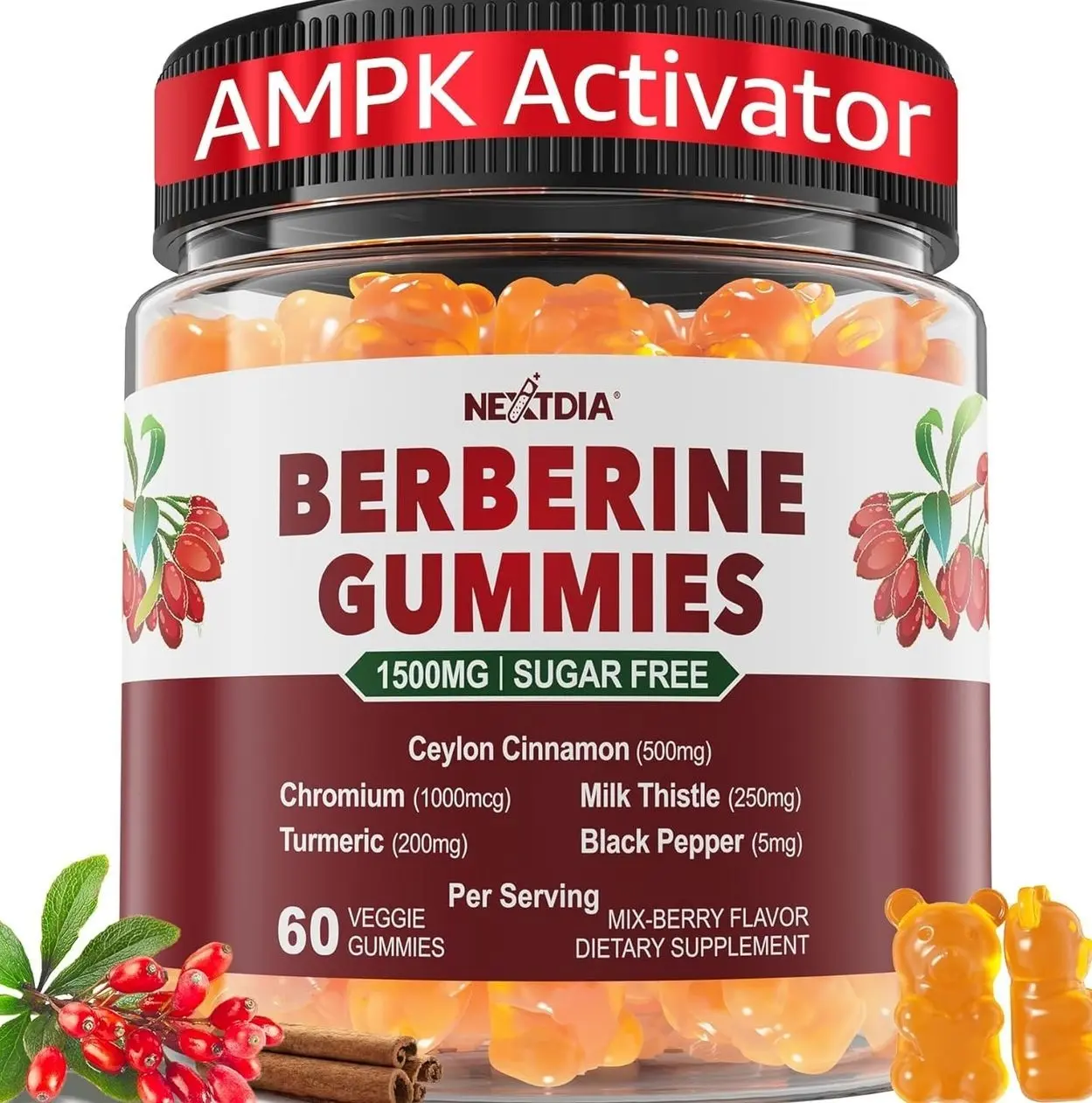Berberine Gummies Supplement 1500mg, Natural GLP-1 Support + Ceylon Cinnamon, Chromium, Milk Thistle, Turmeric, AMPK Activator for Women & Men, Berberine HCl from Indian Barberry, Sugar Free, 60 Count