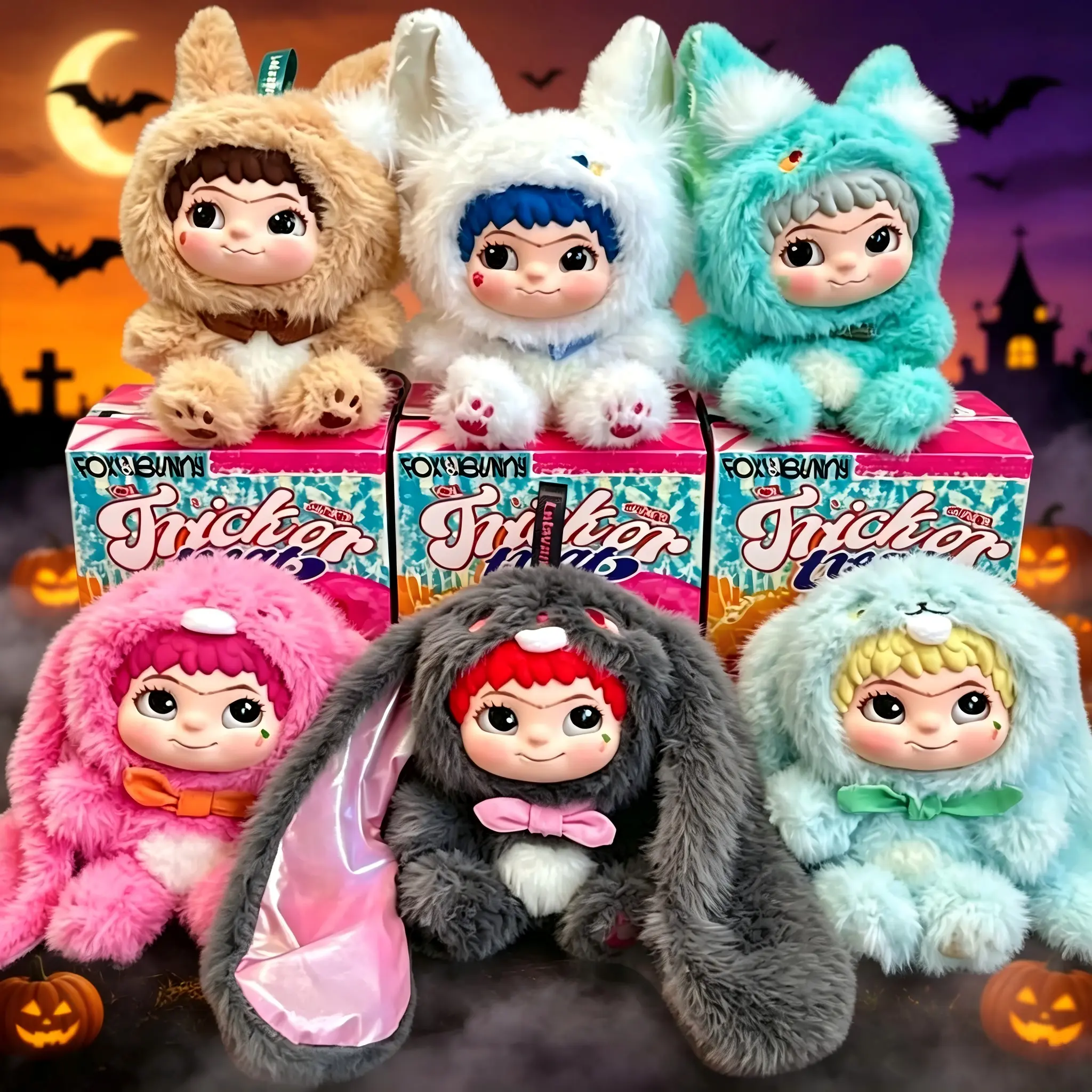 Halloween Wakuku V2 Plush Blind Box - Fox & Bunny Trick-or-Treat Collectible Toy, Stress Relief Gift for Toys & Hobbies Enthusiasts