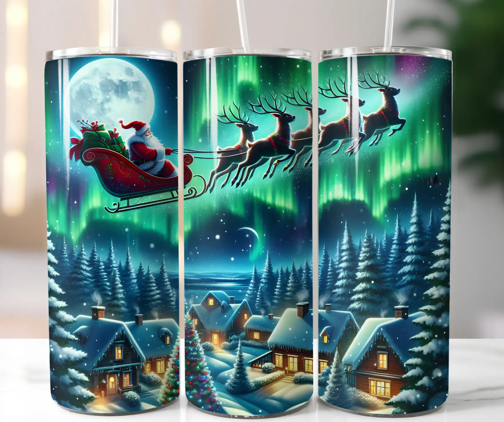 Christmas Santa Sleigh Village Holiday Tumbler 20 oz BPA Free Stainless Steel Portable Drinkware Cup with Lid & Reusable Straw for Holiday Celebrations