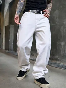 Men's Non-Stretch White Jeans Pants, Loose Straight Wide-Leg Casual Style, Minimalist Solid Color Design Suitable for Daily Outdoor Wear, All-Season Men's Bottoms