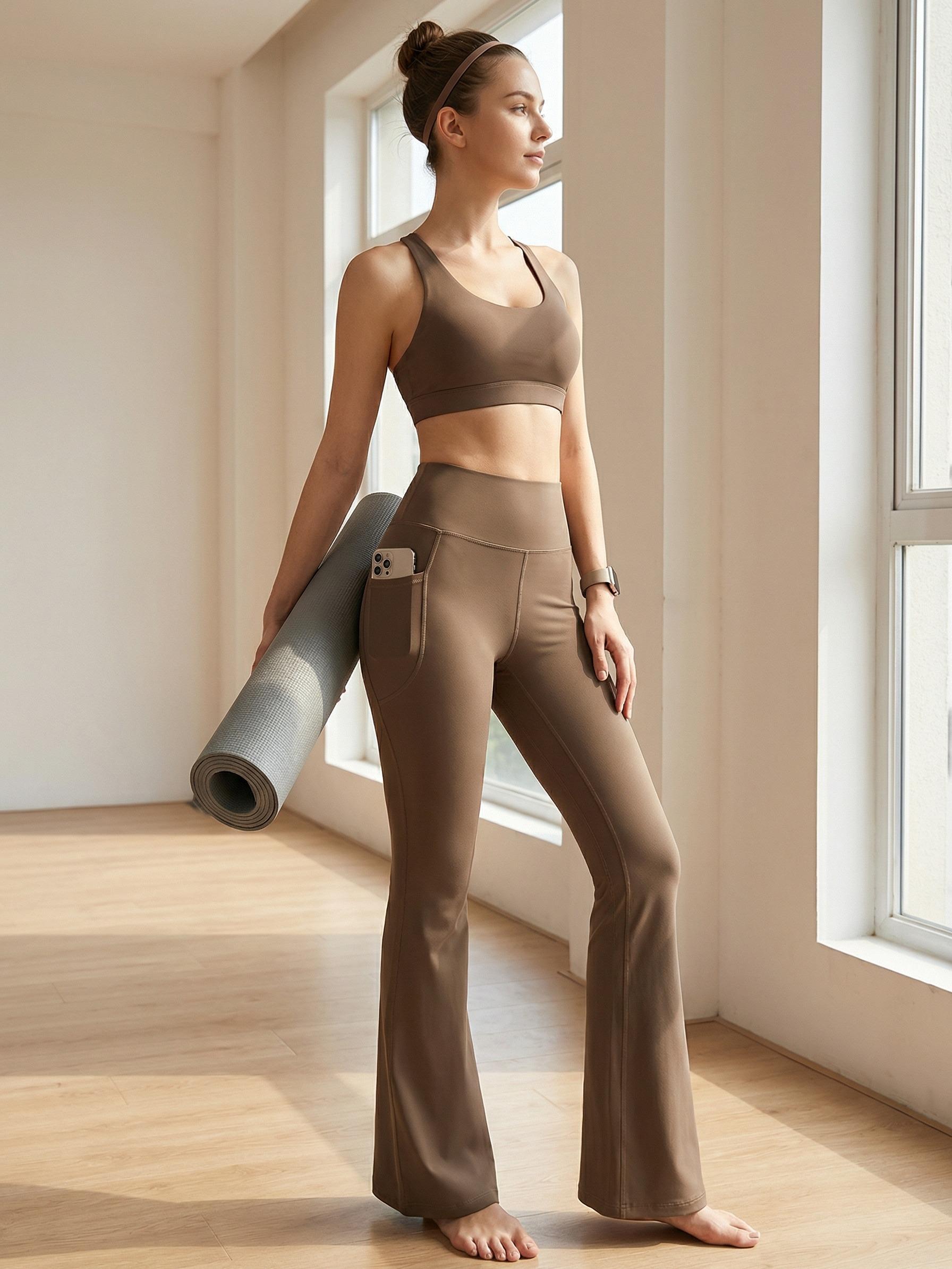 TCVC Women's Spring Summer Solid Color High Waist Pocket Sports Pants - Wide Leg/Flare/Straight Leg, Thin Fabric, Versatile, for Casual Daily Wear, Running, Yoga & Fitness